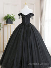 Black Tulle Off Shoulder Lace Long Prom Dress, Black Evening Dress